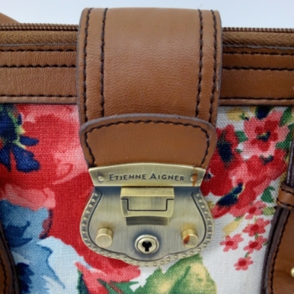 Etienne Aigner Sweet Linen Floral Spring Tan Vegan Handbag Crossbody Strap Bag - Picture 3 of 14